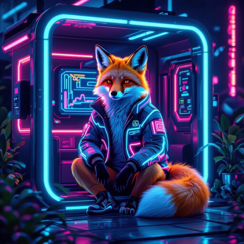 Neon Fox in Retro-Futuristic House