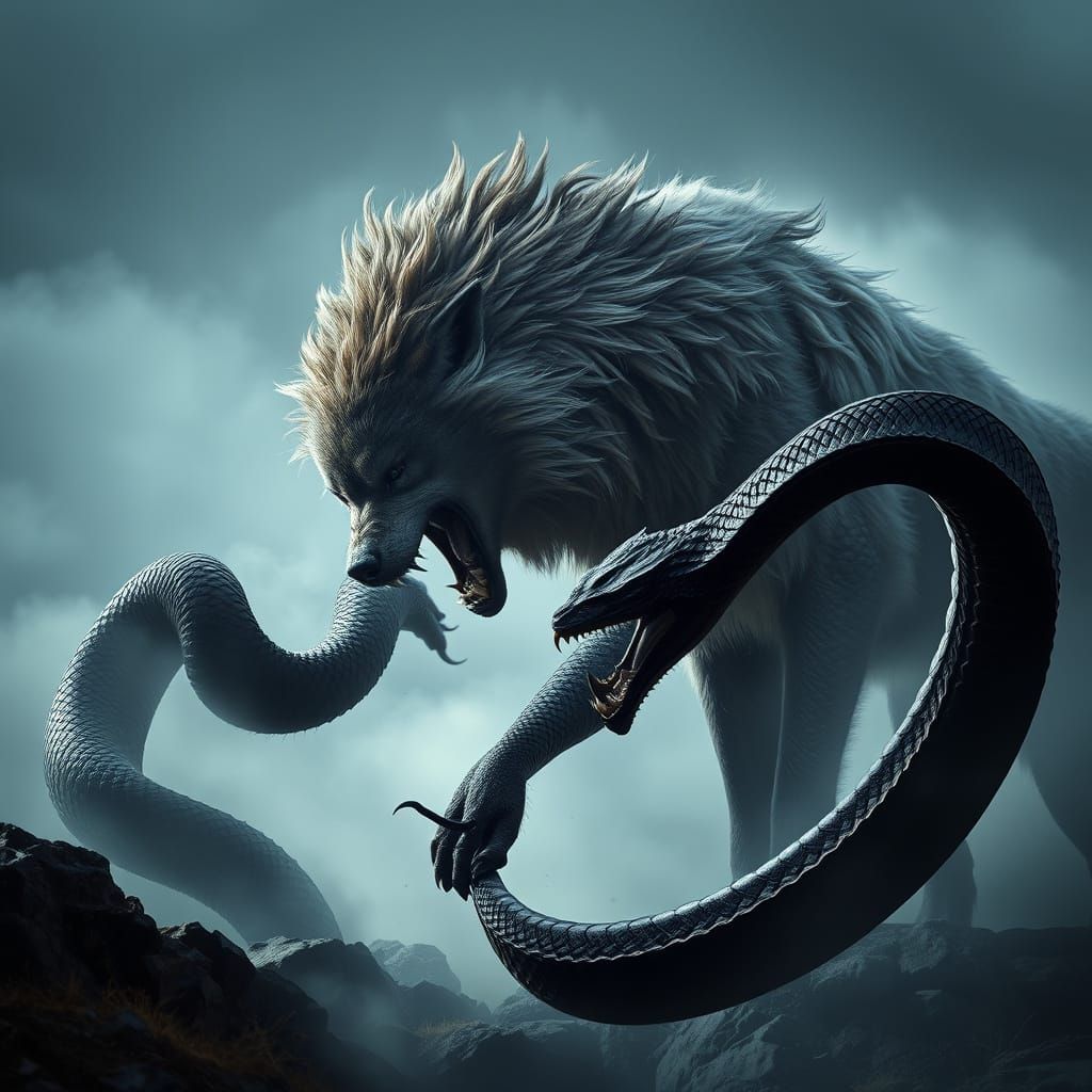 Dire Wolf Battles Serpent in Misty Landscape