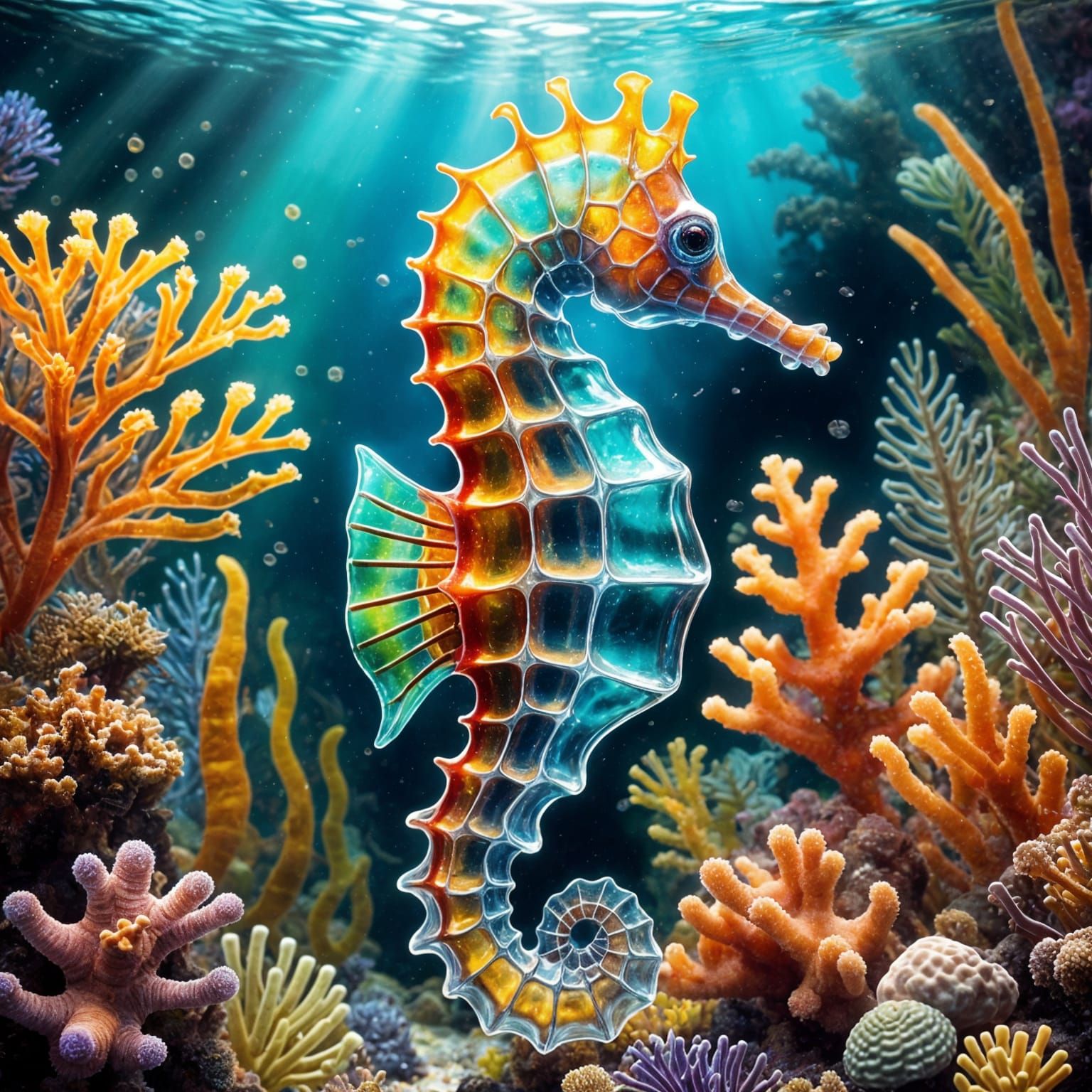 Transparent Seahorse in a Bioluminescent Coral Reef