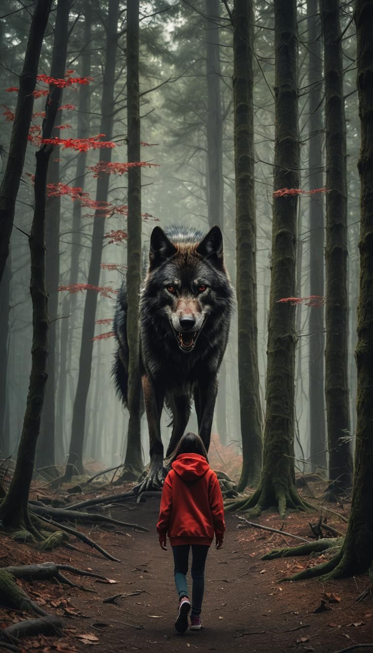 Scary Wolf Stalks Girl in Dark Forest