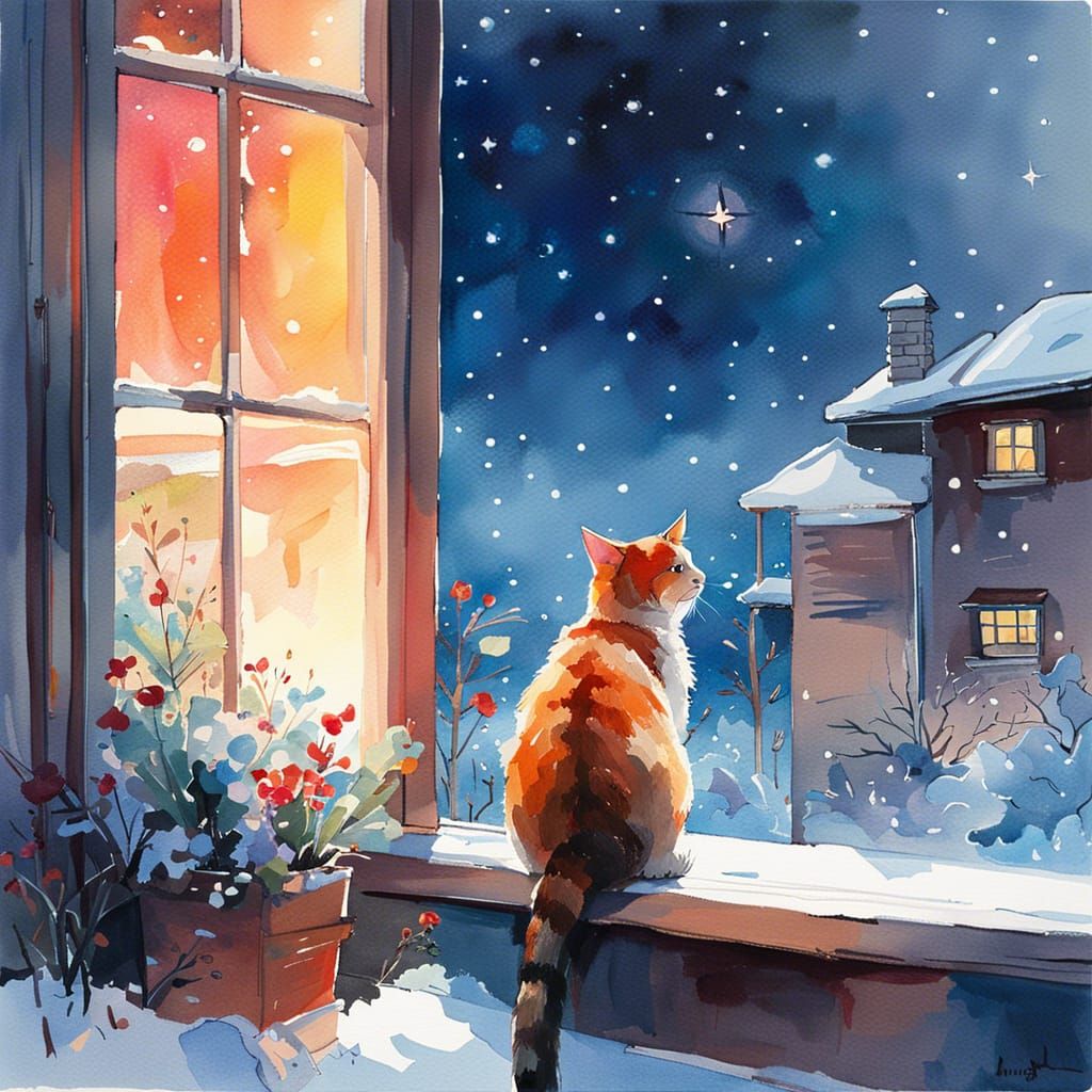Cozy Cat Gazer: Watercolor Starry Night
