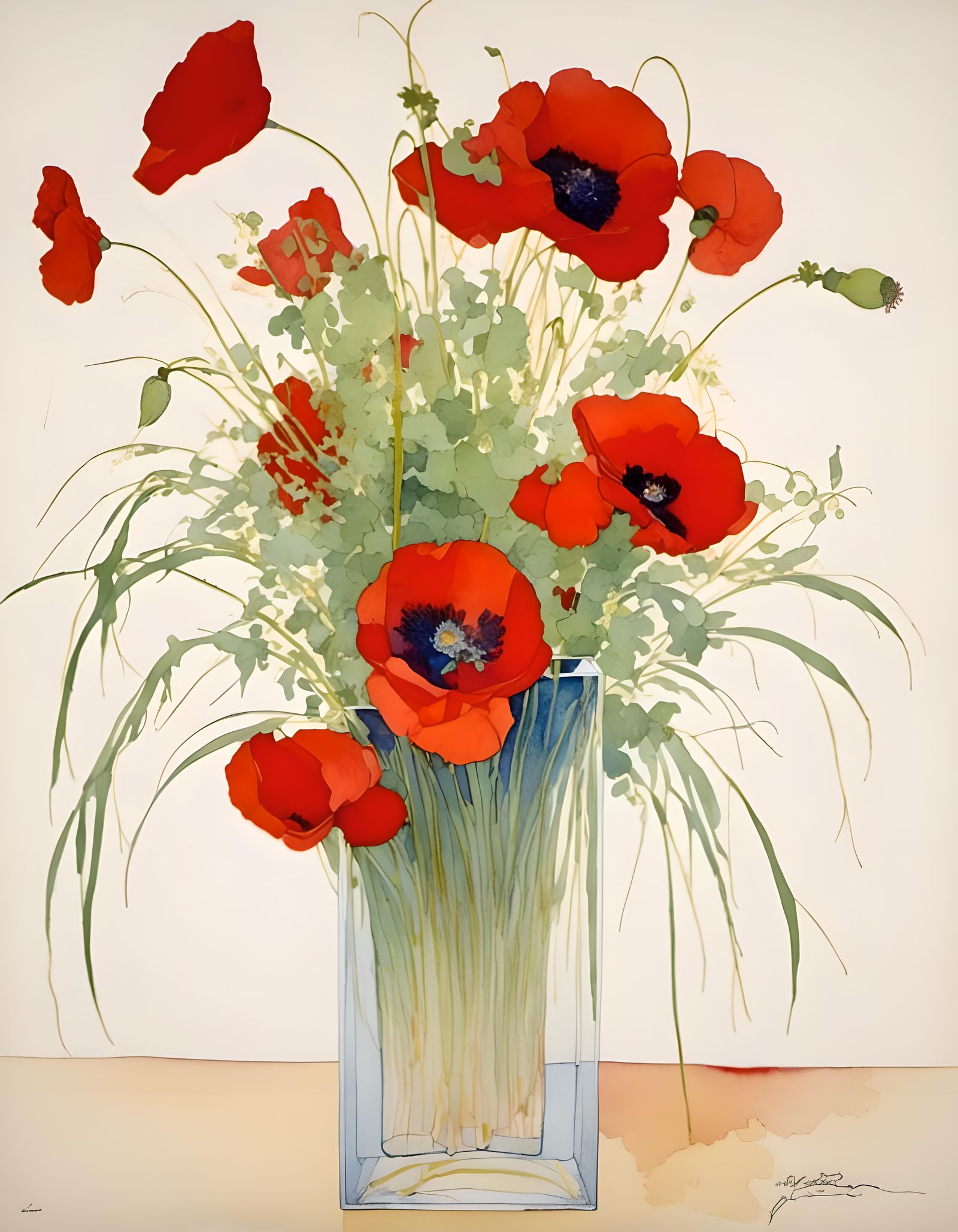 Watercolor Vase of Red Poppies