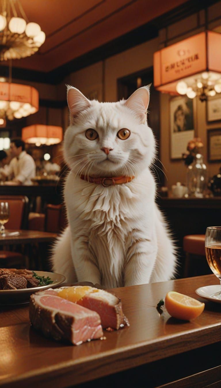Whimsical Restaurant Scene with a Fluffy Cat