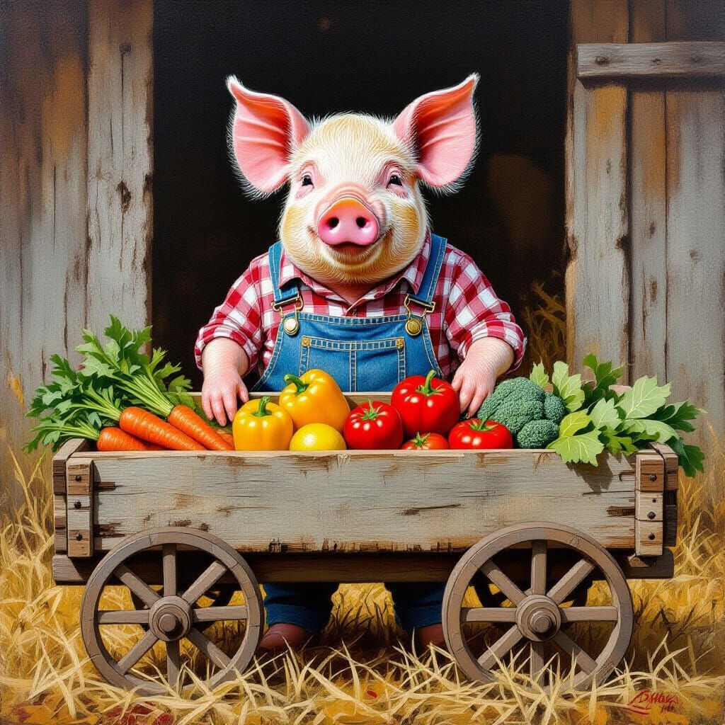 Rustic Pig Farmer Selling Produce, Folk Art Style