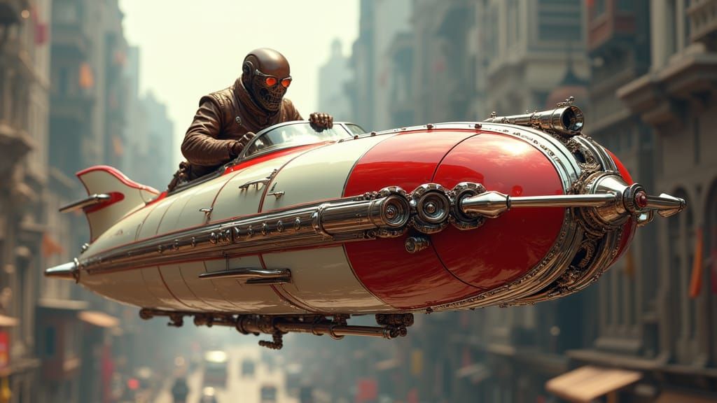 Cyberpunk Cadillac UFO Soaring Over Future City