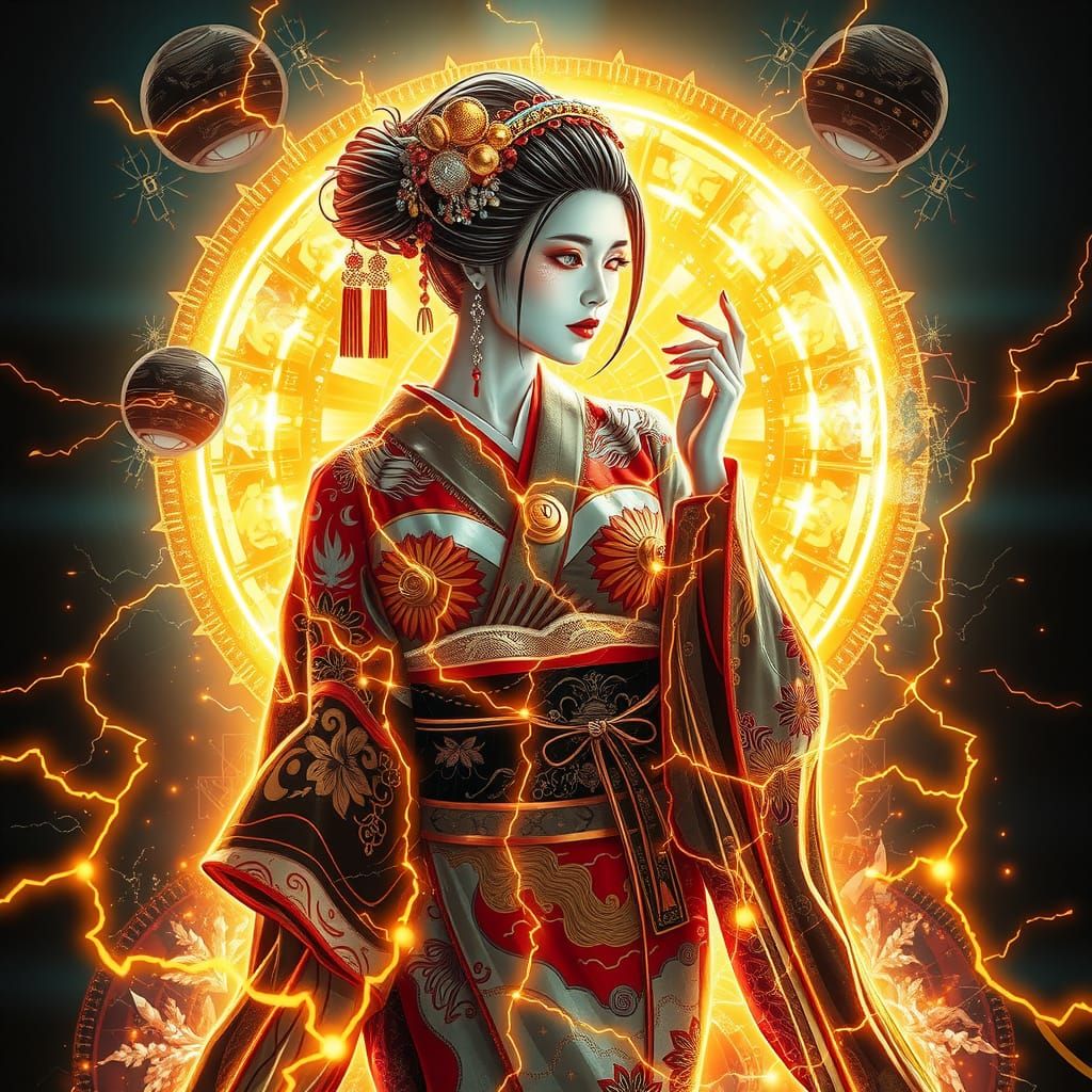 Futuristic Geisha in Holographic Data-moshing Synthwave Styl...