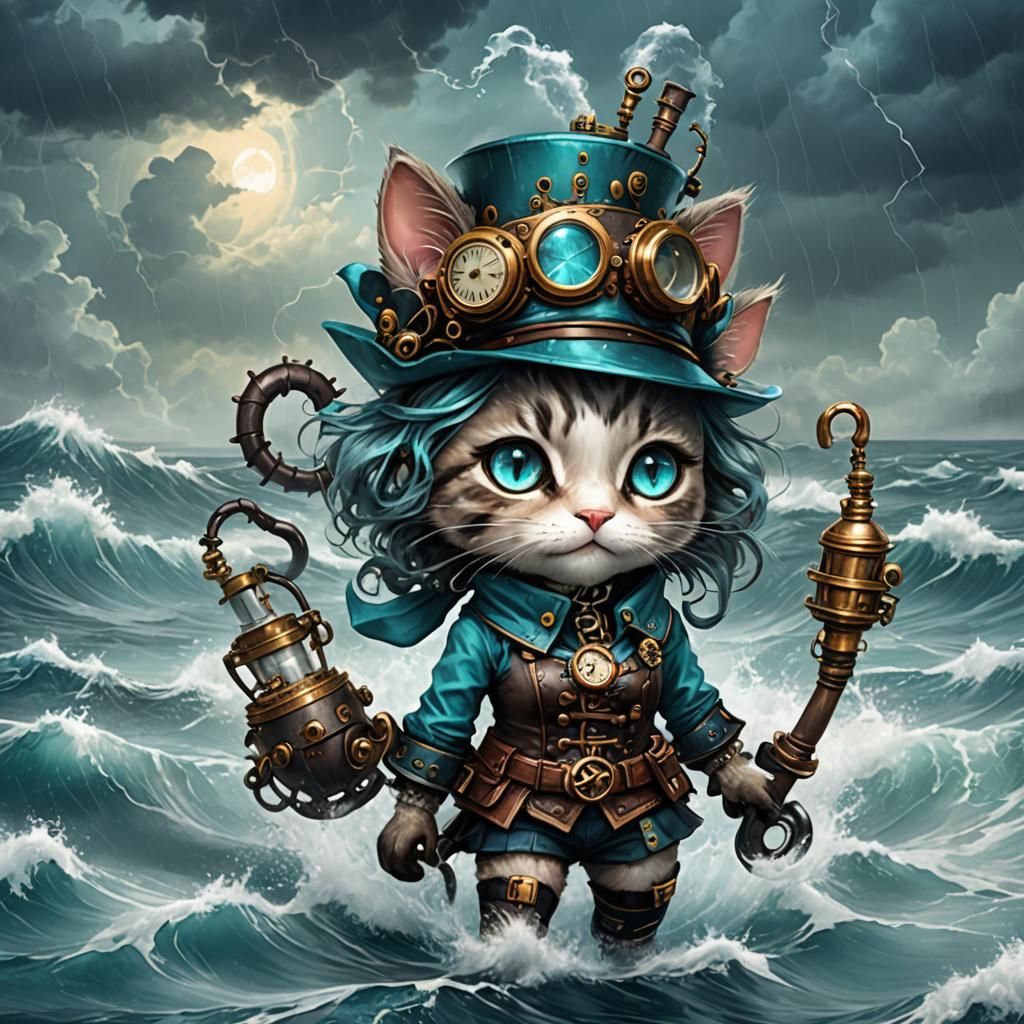 Steampunk Cat Girl in Aquablue Stormy Sea