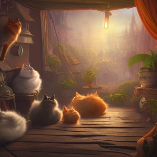 Cats in Cozy Cafe: Detailed Matte Painting