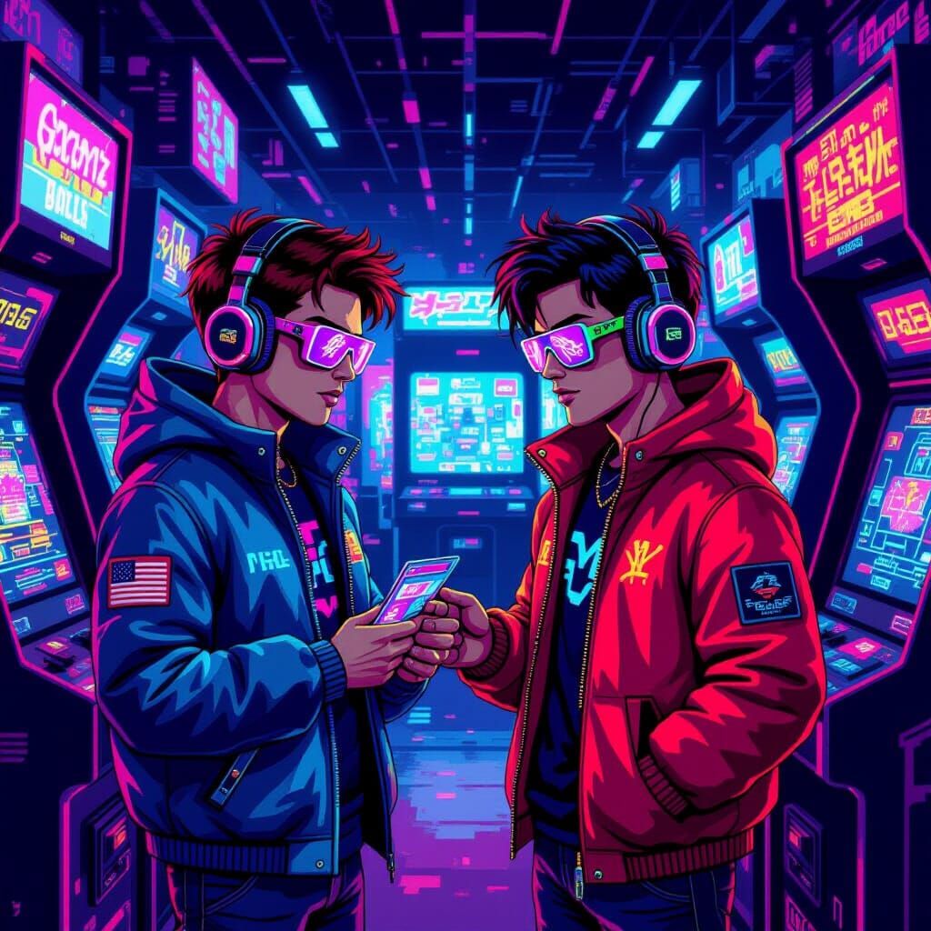 Neon Pixel Avatars Haggle in Cyberpunk Arcade