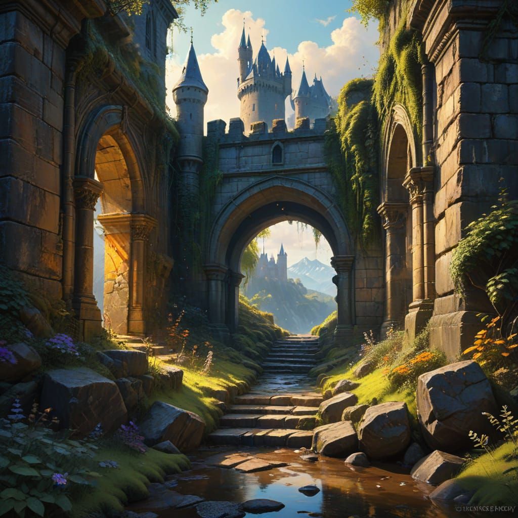 Vibrant Castle Bridge in Street Art Style with Oil Gouache M...