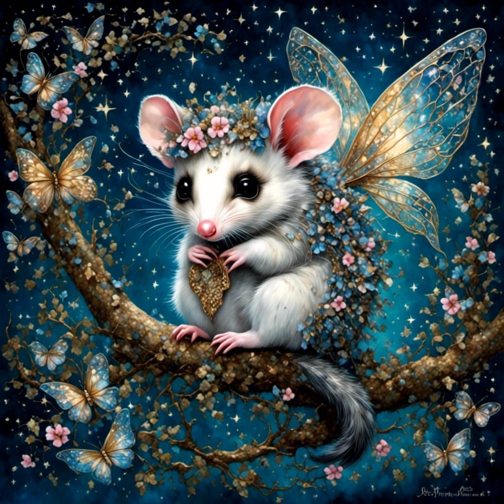 Adorable Fairy Opossum with Wings in Starry Tree