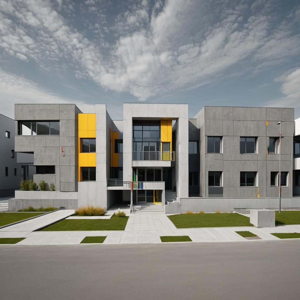 Modern School Building in Gray and Yellow: 3D Render