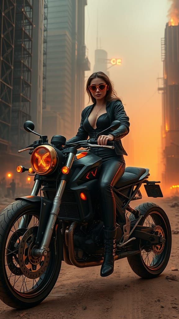 Cyberpunk Woman on Motorcycle in Ruined Cityscape