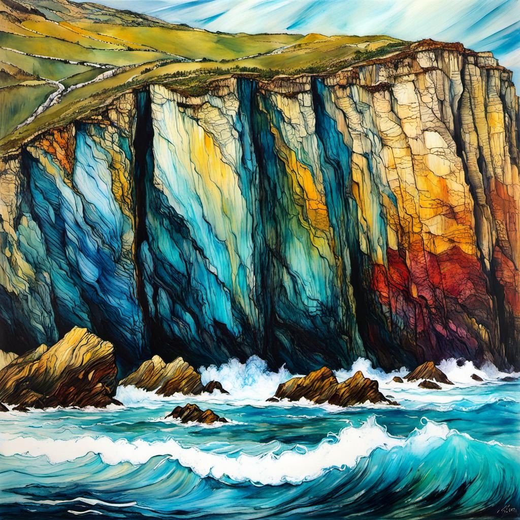 Cliffs in Encaustic Alcohol Ink Style