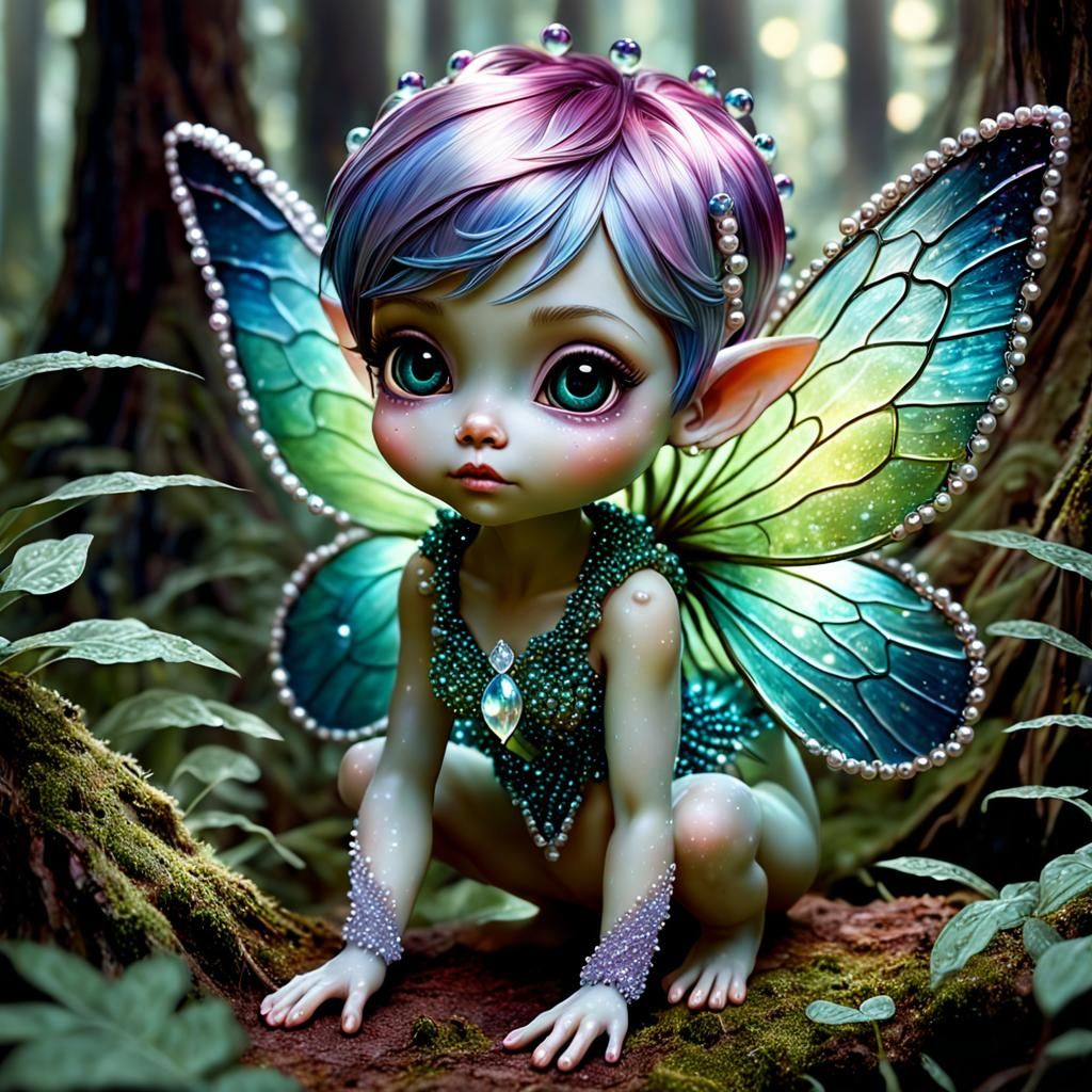 Adorable Pixie in Forest with Pearl Accents