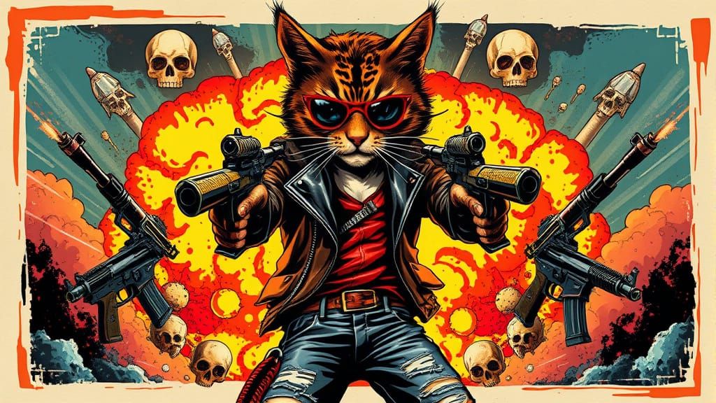 Punk Rock Cat Bounty Hunter in Comic Book Style