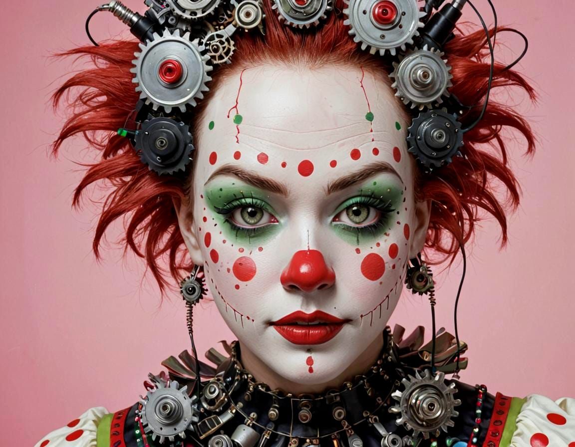 Mechanical Clown with Red Nose and Pink Backdrop
