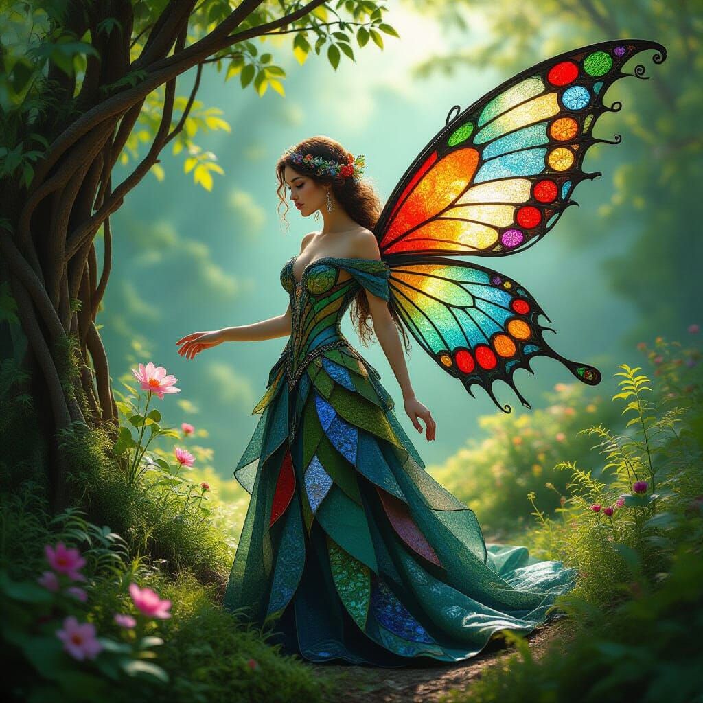 Ethereal Woman in Glass Shard Dress with Moss Wings