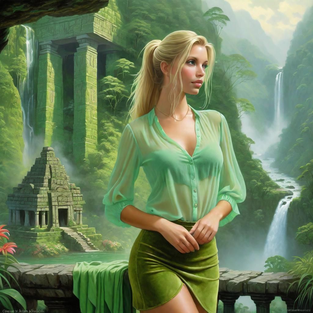 Blond Woman in Rainforest with Inca Temple
