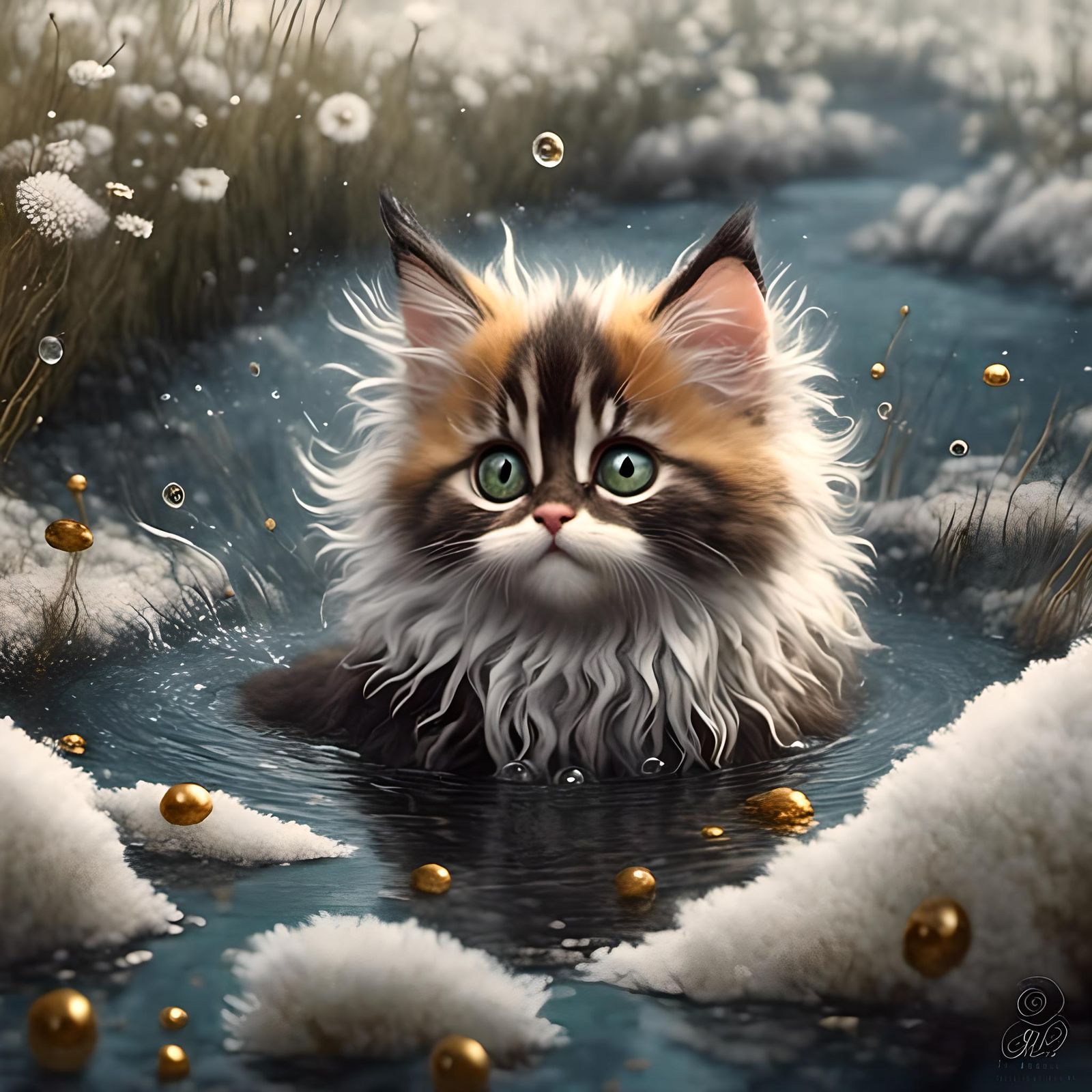Kitten playing in a stream