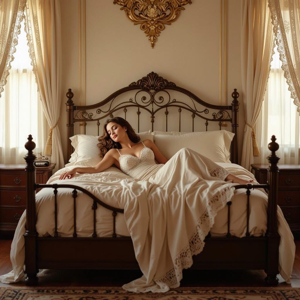 Woman in Romantic Bedroom, Art Nouveau Style