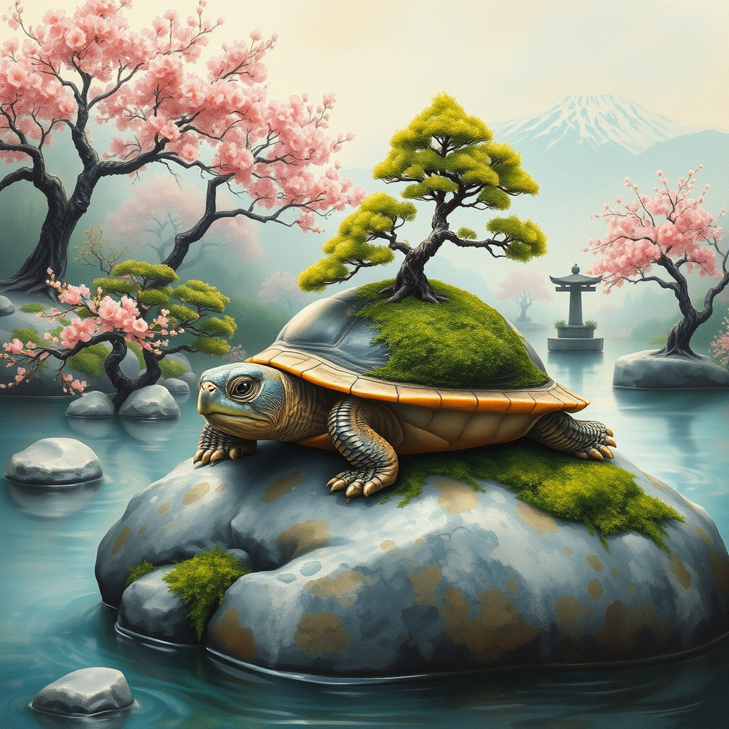 Wise Turtle with Bonsai Tree in Zen Garden