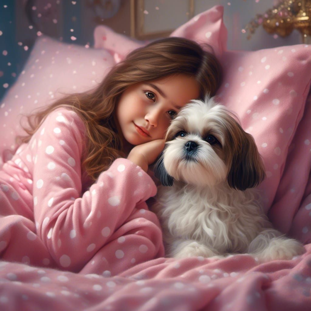 Girl and Shih Tzu Puppy in Precious Moments Style