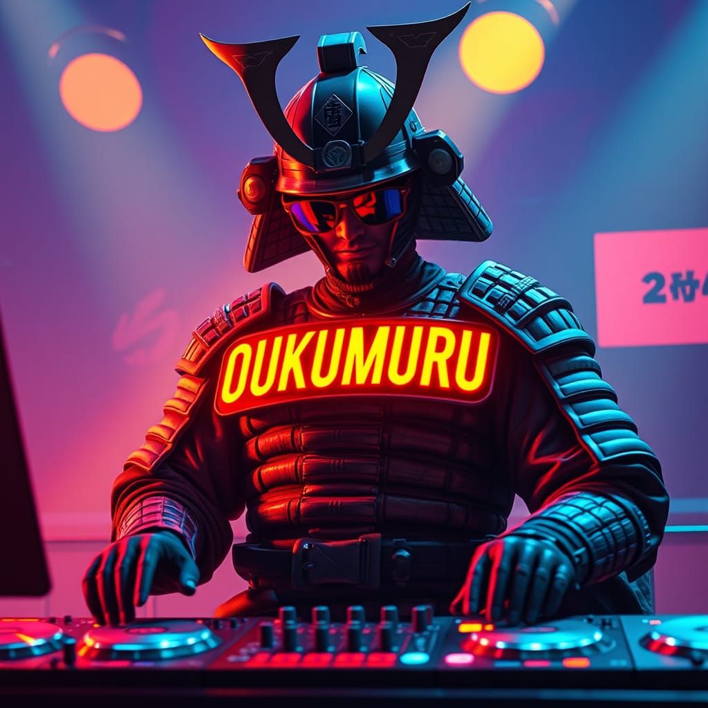 Samurai DJ in Futuristic Cyberpunk Style