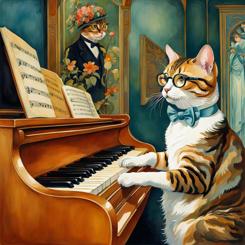 Cat Playing Piano in Art Nouveau Style