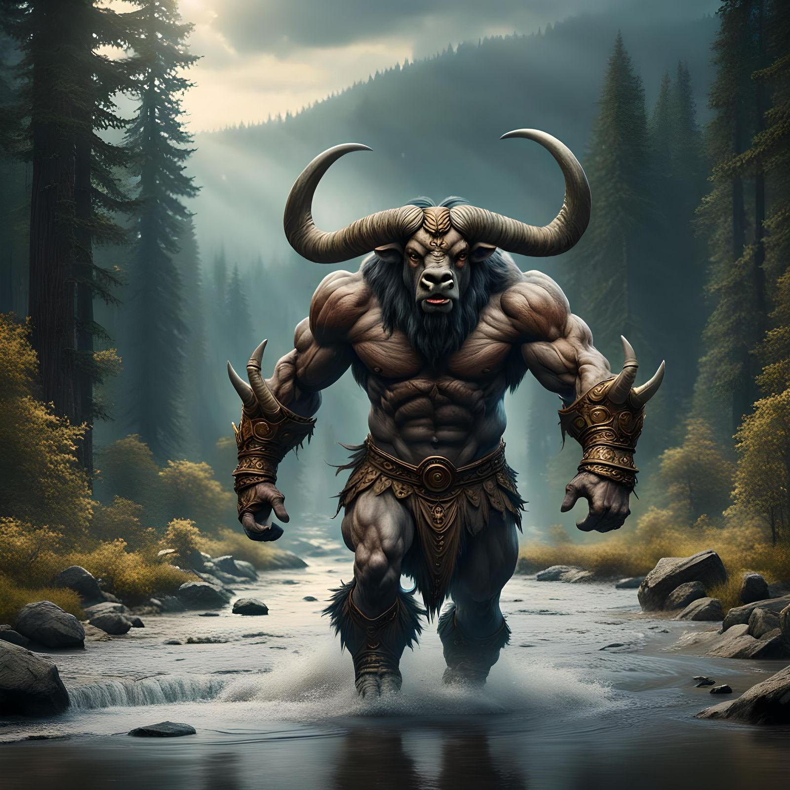 Muscular Minotaur Striding Across a Stream in Forest