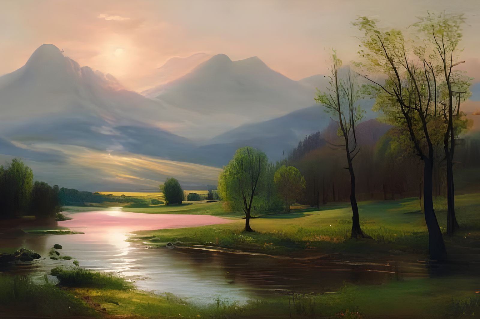 Peaceful Countryside Scene in Pastel Oil Painting