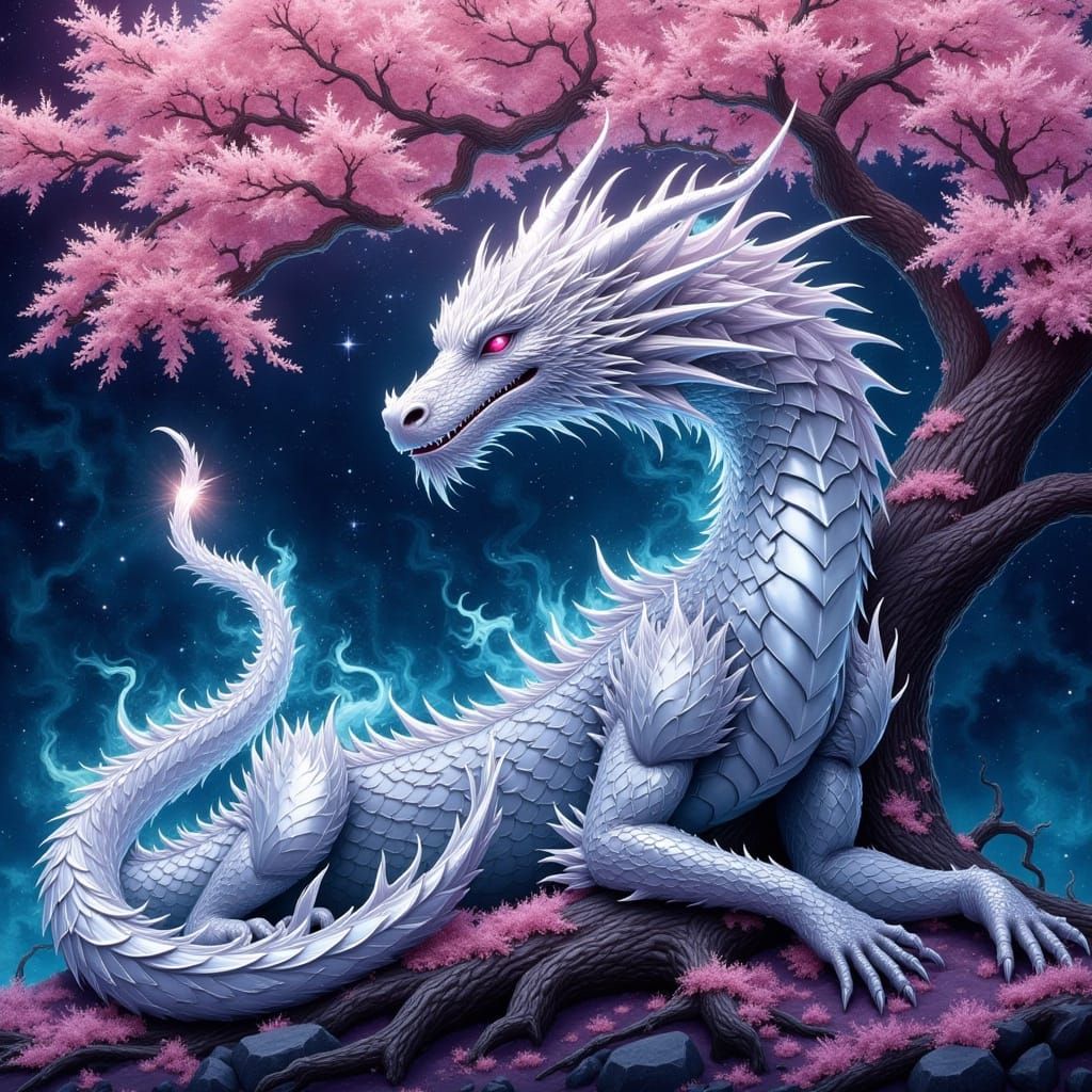 Ethereal Silver Dragon Under Cherry Blossom Tree in Cosmic A...