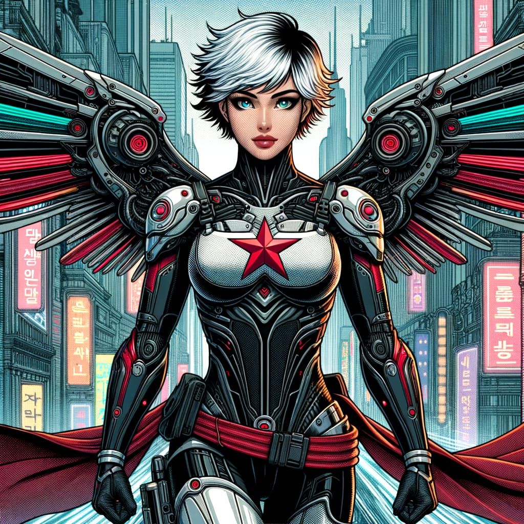 Cyberpunk Superheroine with Angel Wings in Comic Art Style
