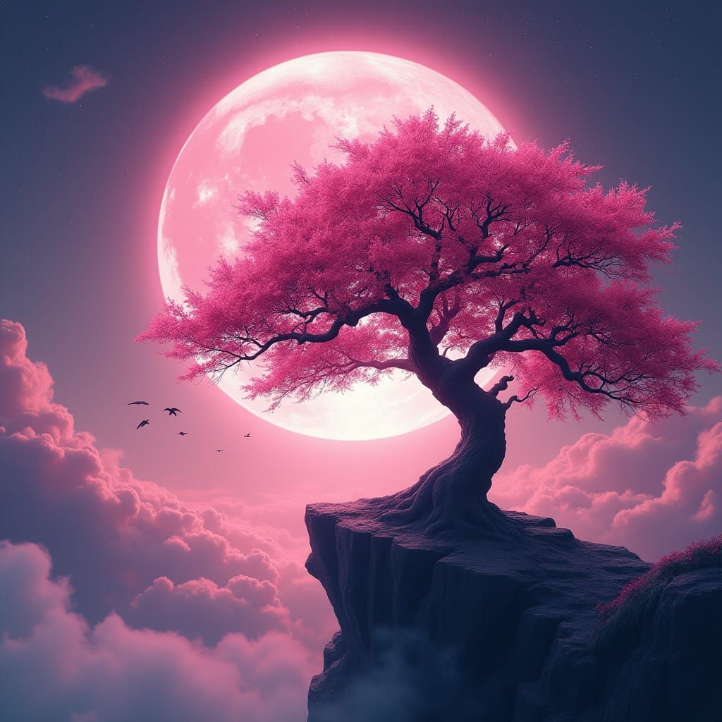 Ethereal Cherry Blossom Tree Under Glowing Full Moon
