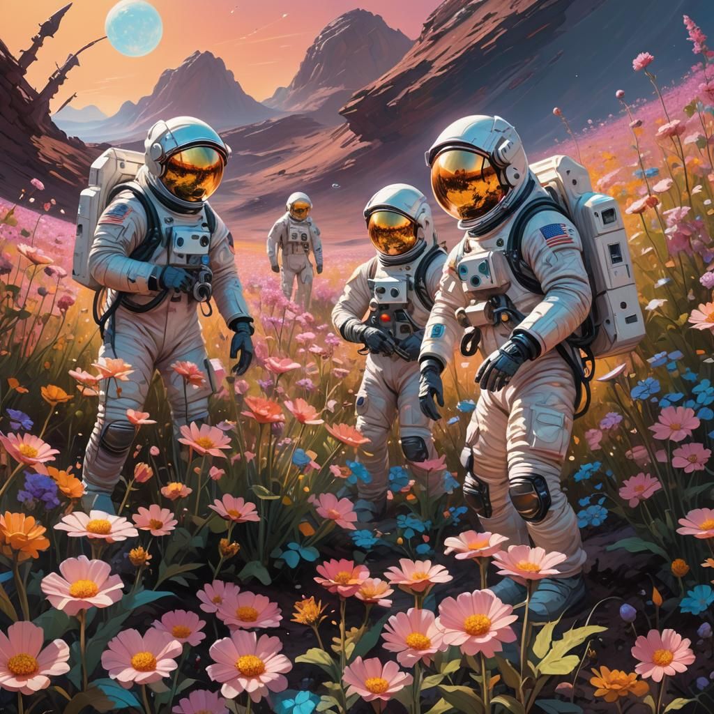 Astronauts Tend Flowers on Alien Planet: Oil Painting