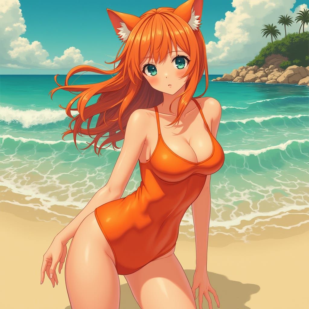 Anime Girl with Cat Ears in Pop Art Style