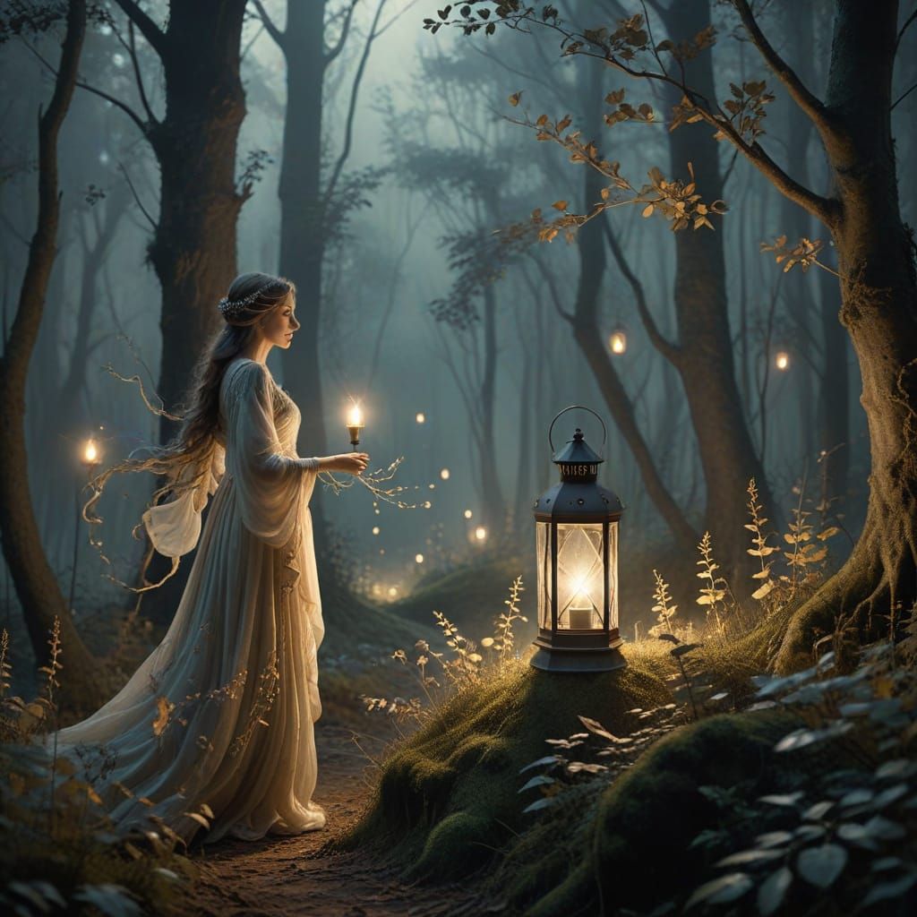 Whimsical Fantasy Scene of a Lone Figure in a Mystical Fores...