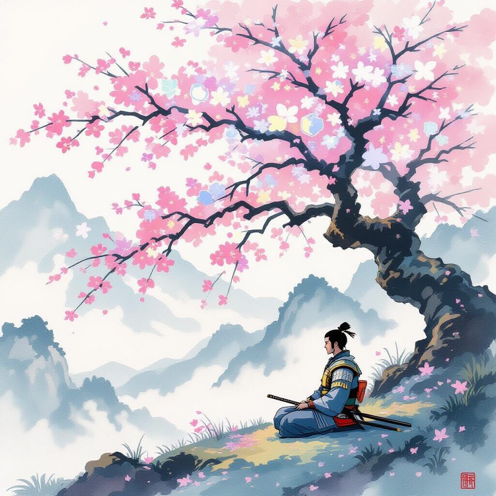 Samurai Meditates Under Crystalline Cherry Tree