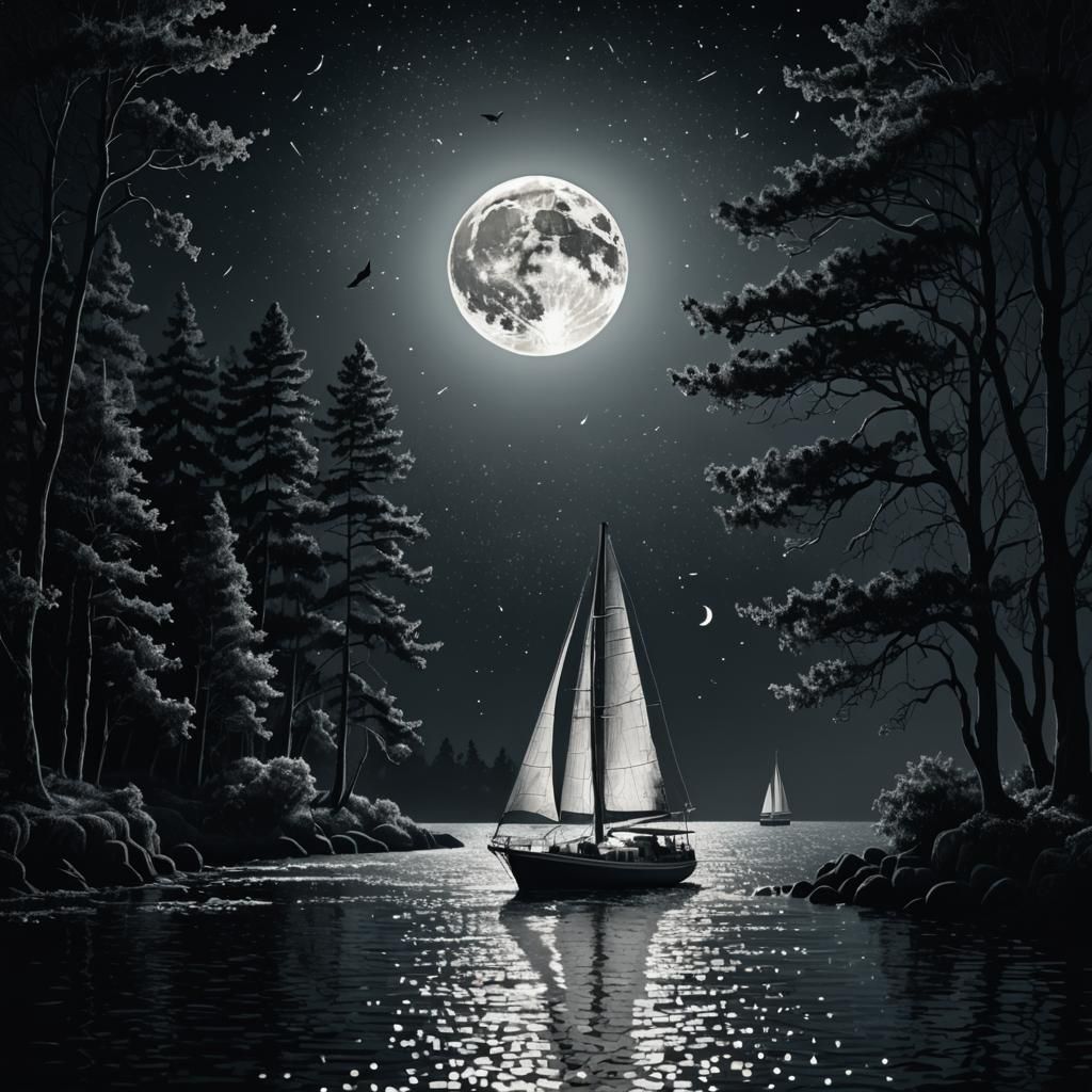 Monochromatic Pointillist Sailboat in Double Exposure