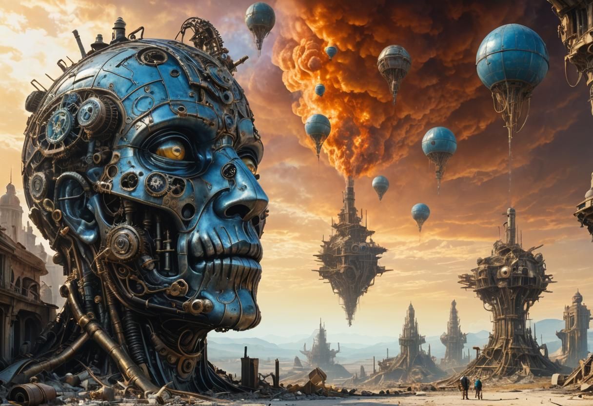 Steampunk Colossus Head in Post-Apocalyptic Landscape