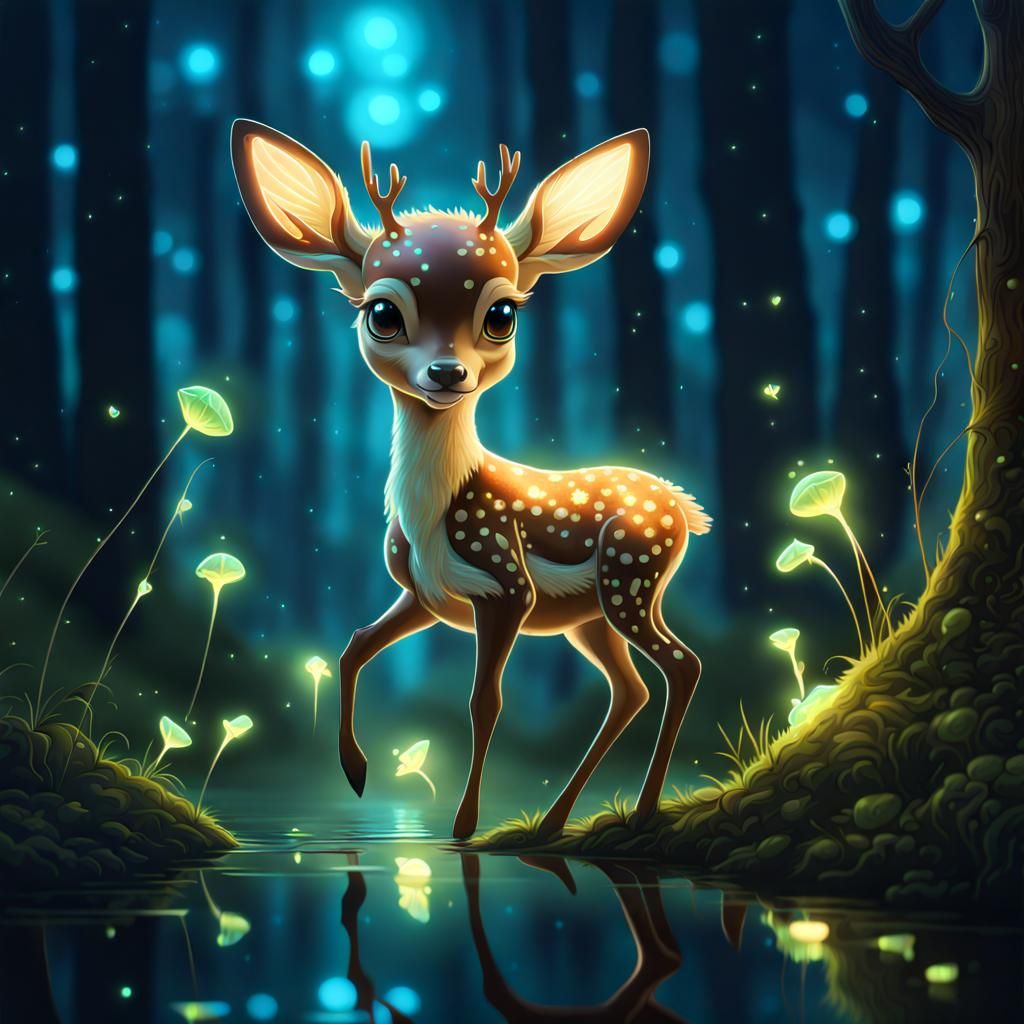 Young deer in an enchanted forest