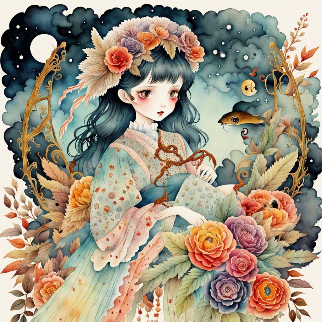 Whimsical Vintage Bride in Eerie Watercolor Style