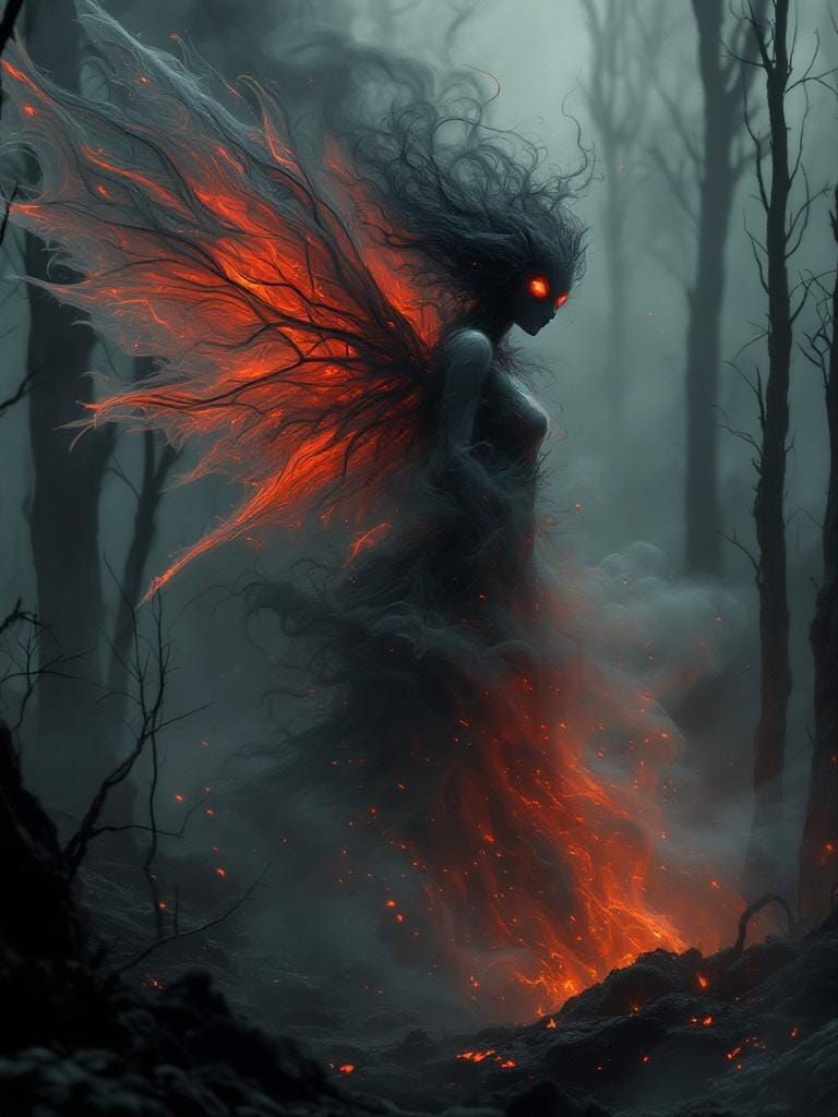 Ethereal Ash Fairy in Dark Surreal Forest
