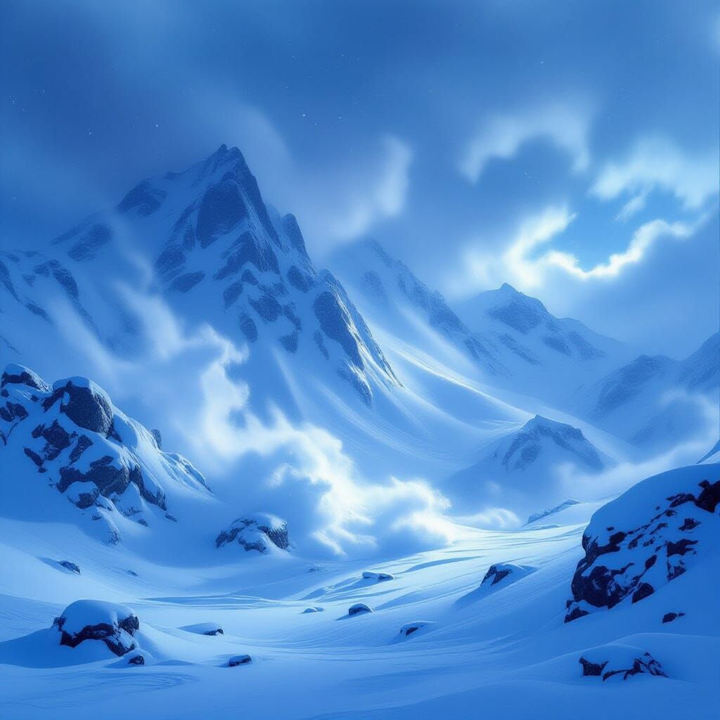 Howling Snowstorm in Snowy Mountain Landscape