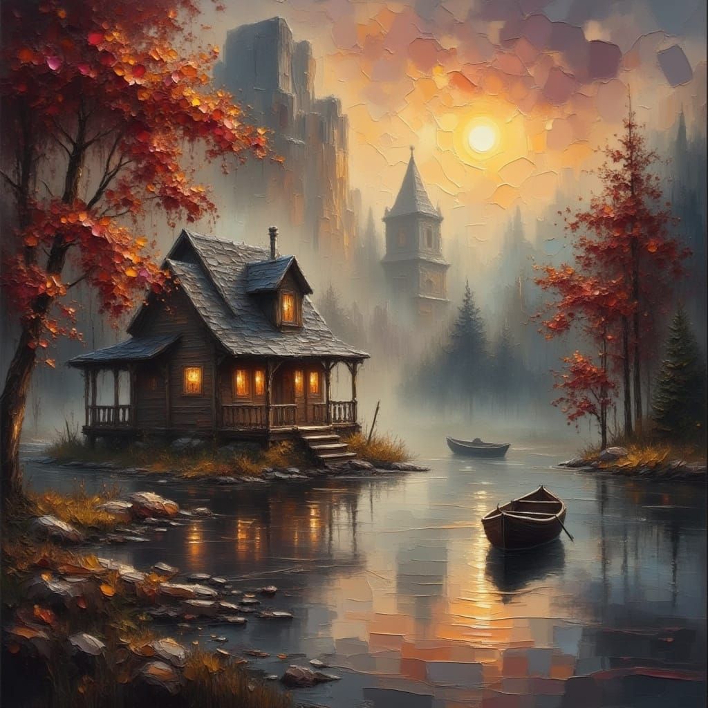 Cozy Cabin Scene in Warm, Vibrant Impasto Style