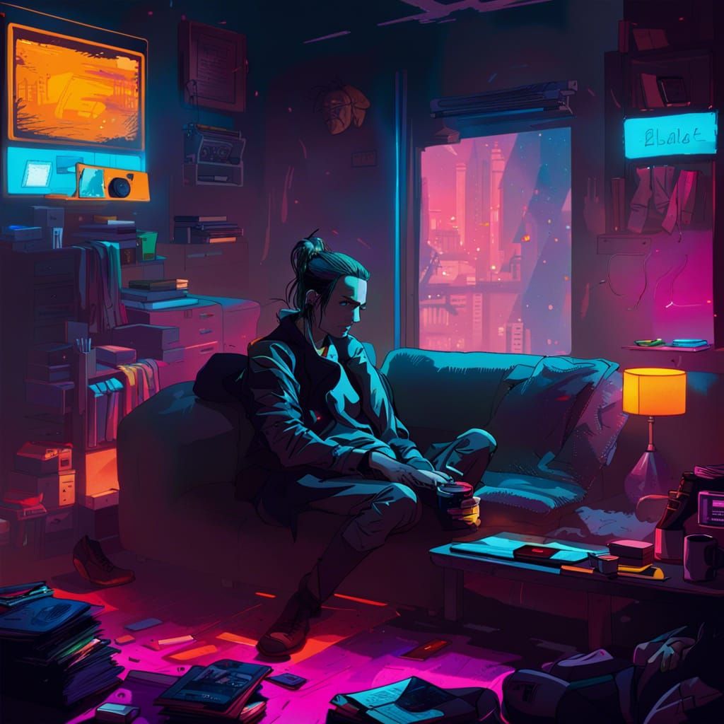 Cyberpunk Room with Couple, Neon Accents
