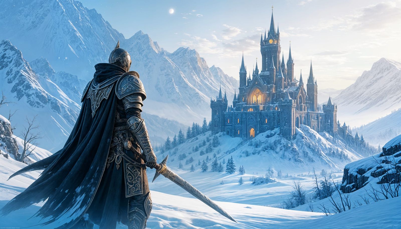 Dark Fantasy Warrior in Snowy Landscape with Castle