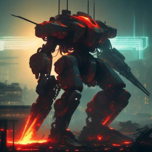 Cyberpunk Mech Kaiju in Ruined Cityscape