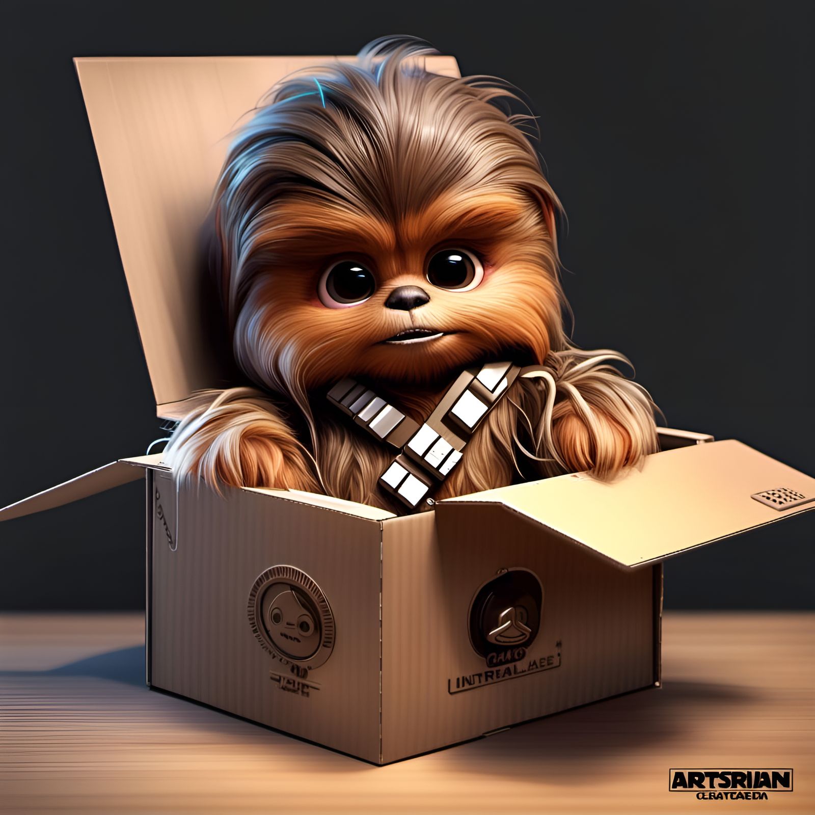 Adorable Baby Chewbacca in Box: 3D Digital Art
