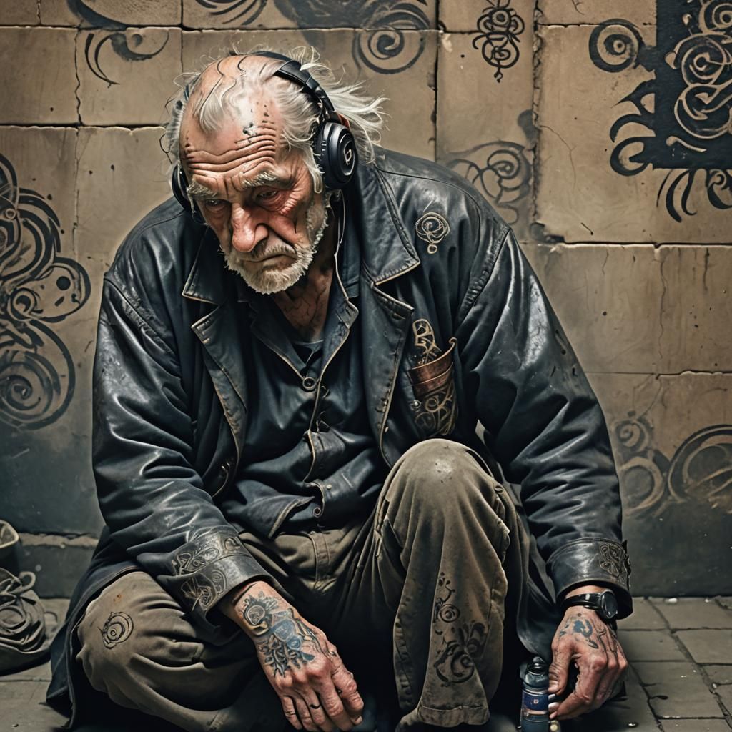 Tattooed Man Listening to Music in Prison